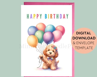 Cockapoo Birthday Card Printable, For Dog Lover, Happy Birthday, Dog Card Birthday, Cockapoo Balloons, Printable Greeting, Digital Download