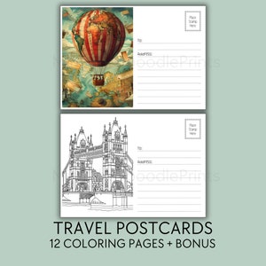 12 Vintage Reise Postkarten Farbkarten für Erwachsene, druckbare Postkartenvorlage, Färbung Postkarte, Reise Postkarte, digitaler Download