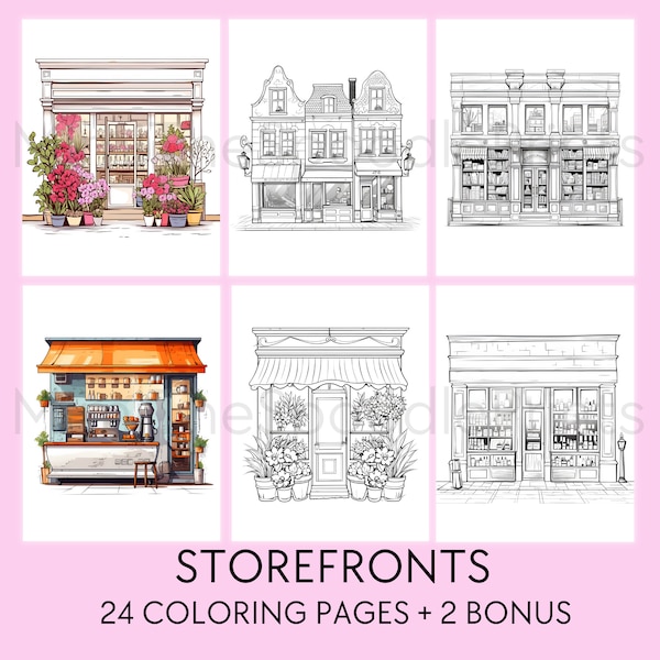 24 Storefronts Coloring Pages, For Adults, Printable Coloring Book, Storefronts Urban Sketch Coloring, Digital Download