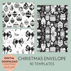 Modello di busta di Natale, per biglietti di auguri, busta 5x7, biglietto in bianco e nero, download digitale