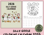 Silly Goose Coloring Calendar 2026: Adults and Kids Monthly Planner Hand Drawn (Printable PDF)