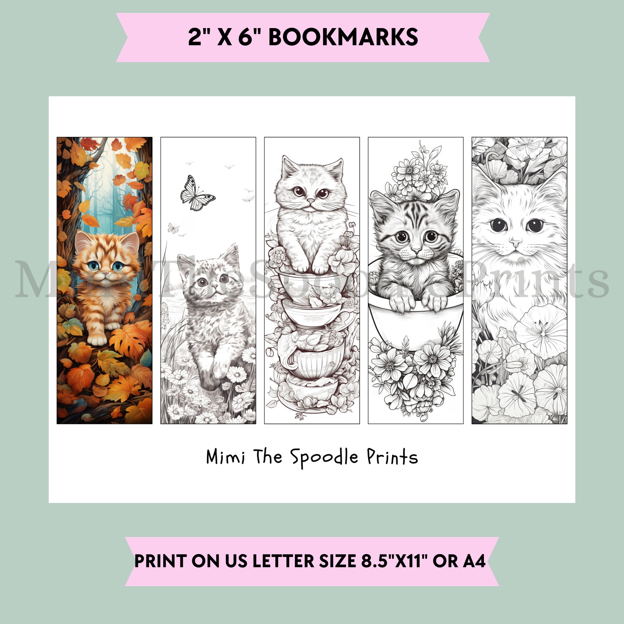 Cat Coloring Bookmarks Printable, for Cat Lover, Cat Bookmarks, Reading