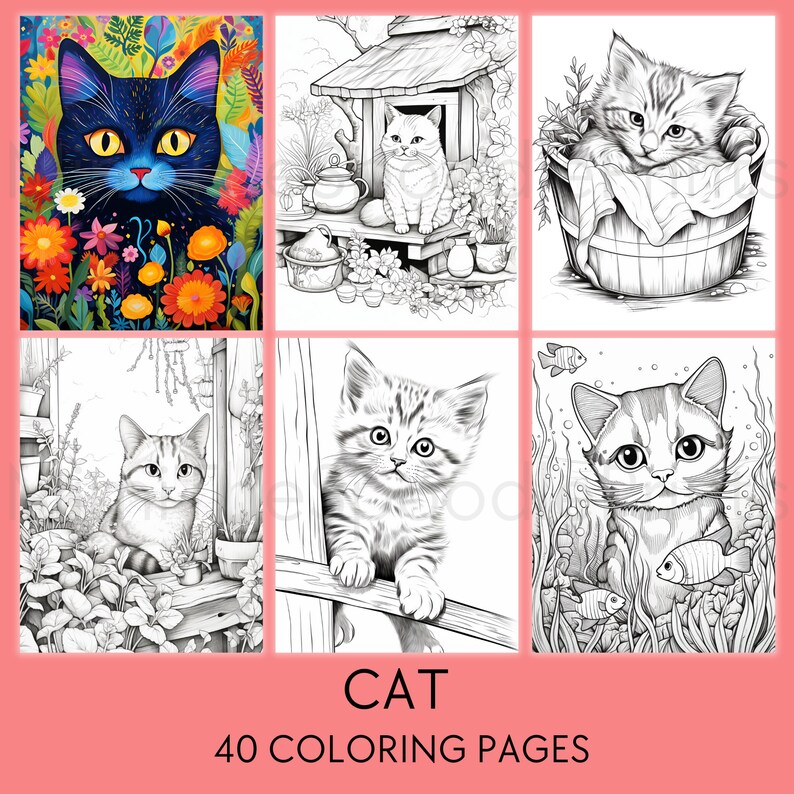 40 Cat Coloring Pages, for Adults, Printable Coloring Book, Cute Cat ...