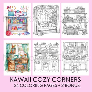 Bundle Cozy Coloring Pages For Adults, Printable Coloring Book, Kawaii Cozy Corners Coloring, Cottage Gardens Coloring, Cozy Kitchen Coloring, Cozy Cafe Coloring