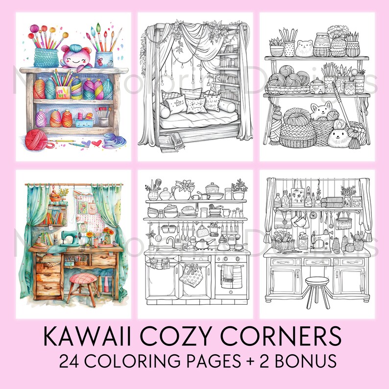 Bundle Cozy Coloring Pages For Adults, Printable Coloring Book, Kawaii Cozy Corners Coloring, Cottage Gardens Coloring, Cozy Kitchen Coloring, Cozy Cafe Coloring