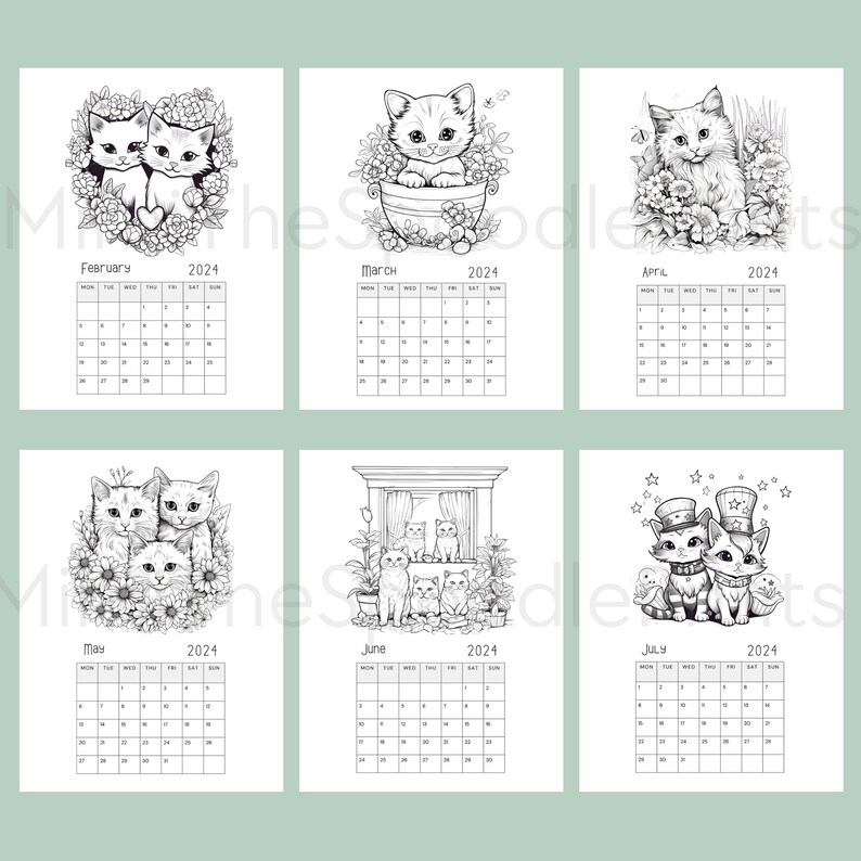 Cat Coloring Calendar 2024 Printable, for Cat Lovers, 2024 Monthly