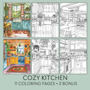 Cozy Kitchen Coloring Book: Boho Cottage Interiors (Digital Download)