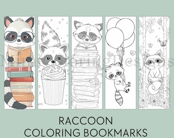 May include: Set of four black and white raccoon colouring bookmarks. The bookmarks feature a raccoon reading a book, a raccoon with a cupcake, a raccoon with a stack of books, and a raccoon holding balloons.