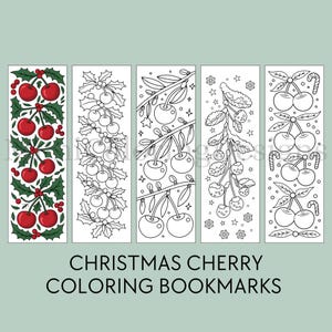 Christmas Cherry Coloring Bookmarks Printable for Adults & Kids, Christmas Coloring, Christmas Bookmark, Book Lover Gift, Digital Download