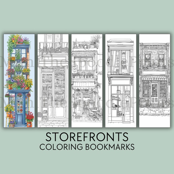 Storefronts Coloring Bookmarks Printable, For Adults, Storefronts Bookmark, Urban Sketch Coloring, Reading Nook Decor, Digital Download