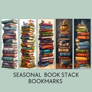 Seasonal Book Stack Bookmarks: Vintage Literary Art (Digital Download)