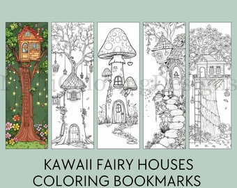May include: Five black and white coloring bookmarks featuring whimsical fairy houses. The bookmarks include a treehouse, a house built into a tree trunk, a mushroom house, and two other unique fairy homes. The text "KAWAII FAIRY HOUSES COLORING BOOKMARKS" is at the bottom.