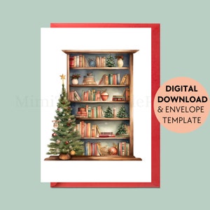Biglietto di Natale di delizia letteraria per gli amanti dei libri, scaffale per libri, biglietto di auguri di buon compleanno, auguri stampabili, download digitale