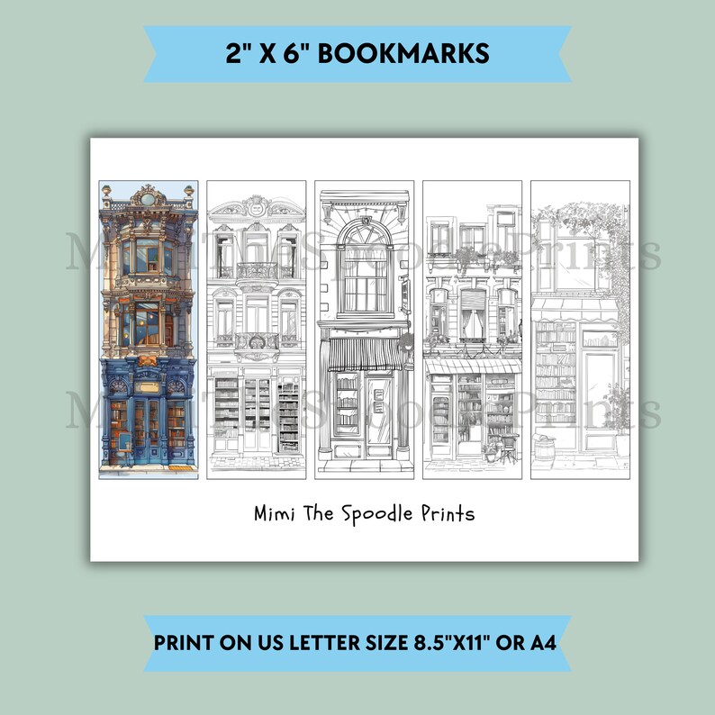 Bookstore Storefront Coloring Bookmarks Printable for Adults, Bookshop Coloring, Reading Nook Decor