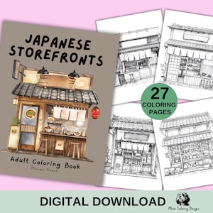 Op de afbeelding: Een digitale download van een kleurboek met 27 pagina's met Japanse winkelpuien. De omslag toont een aquarel-illustratie van een winkelpui met een rode lantaarn en de titel "Japanese Storefronts".