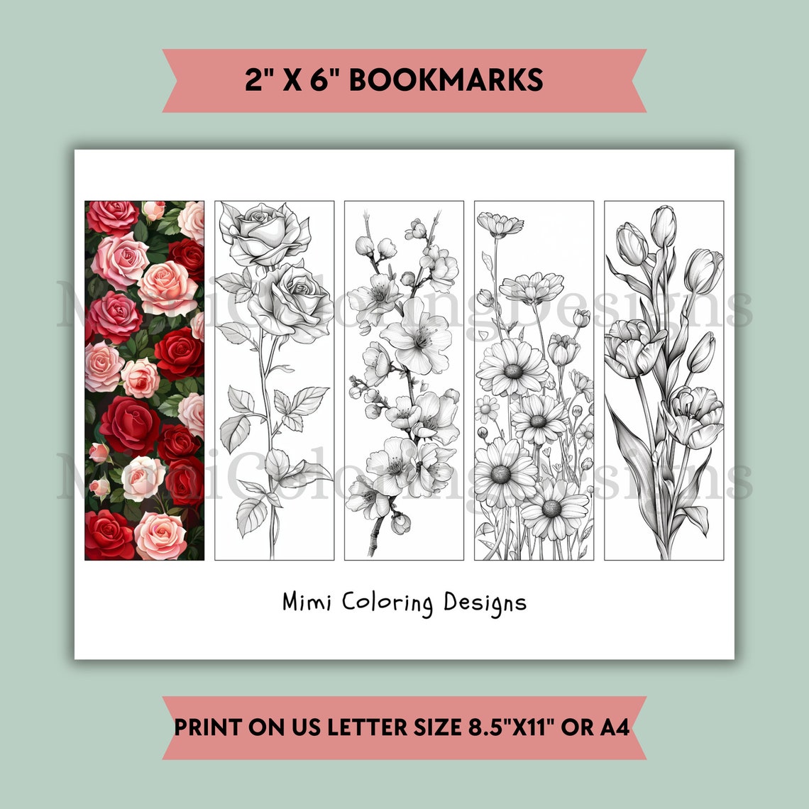 Flowers Coloring Bookmarks: Roses, Cherry Blossom, Daisy, Tulip ...