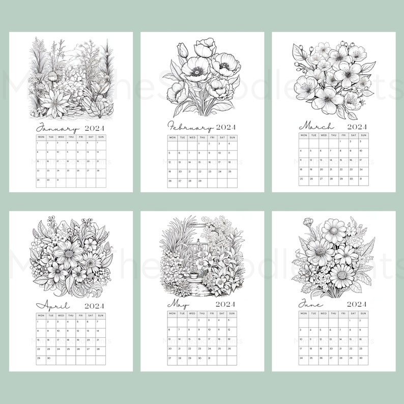 Flower Coloring Calendar 2024 Printable, for Adults, 2024 Monthly