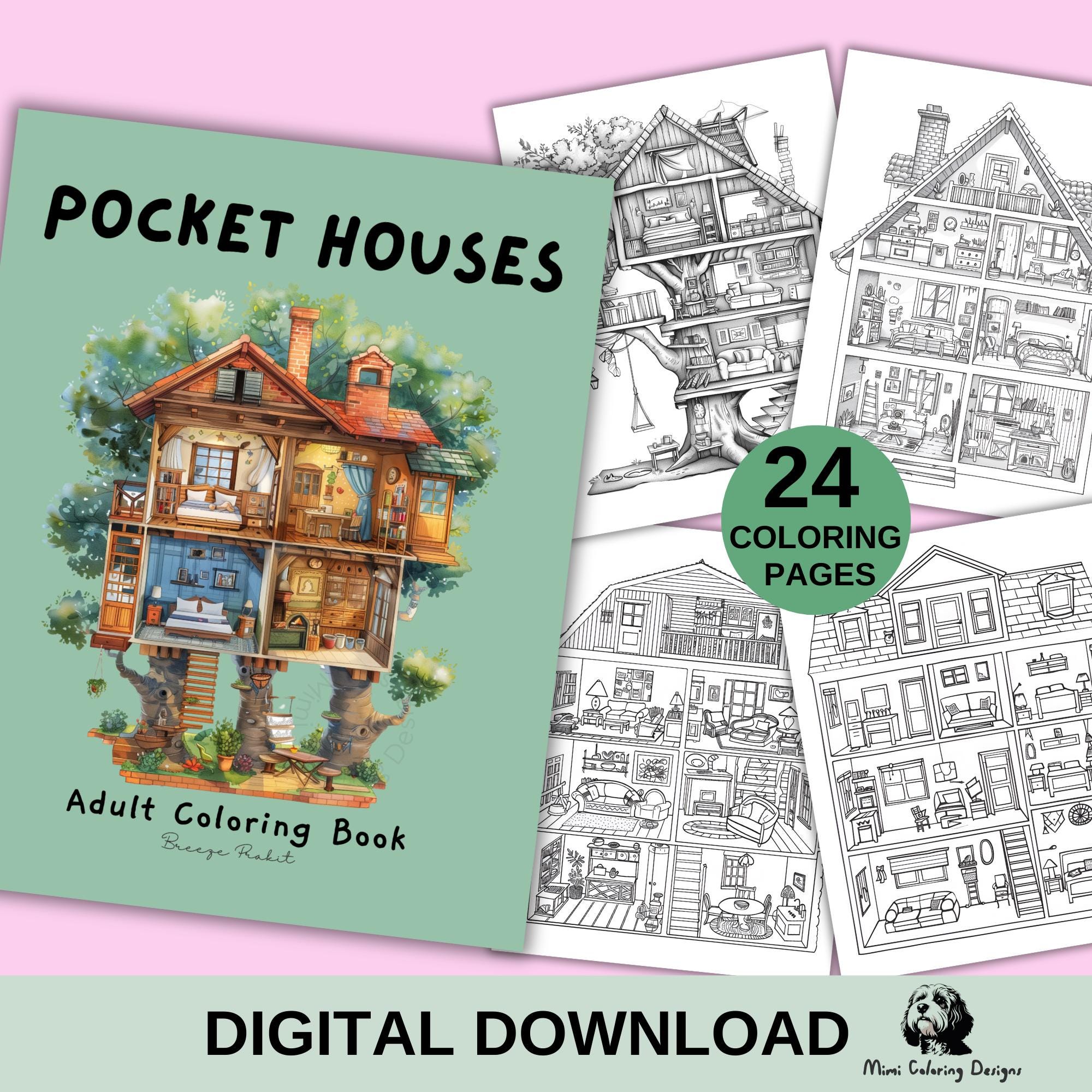 24 Pocket House Coloring Pages for Adults â Printable Tiny Home & Treehouse Coloring Book, Digital Download