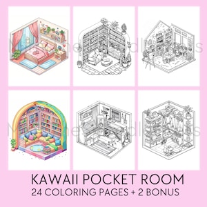 Kawaii Pocket Room målarbok: Isometriska interiörer (digital nedladdning)