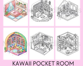 Libro da colorare Kawaii Pocket Room: Interni isometrici (download digitale)