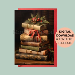 Kerstkaart Literary Delight - vintage boeken, voor boekenliefhebbers, Merry Bookmas Card, afdrukbare groet, digitale download