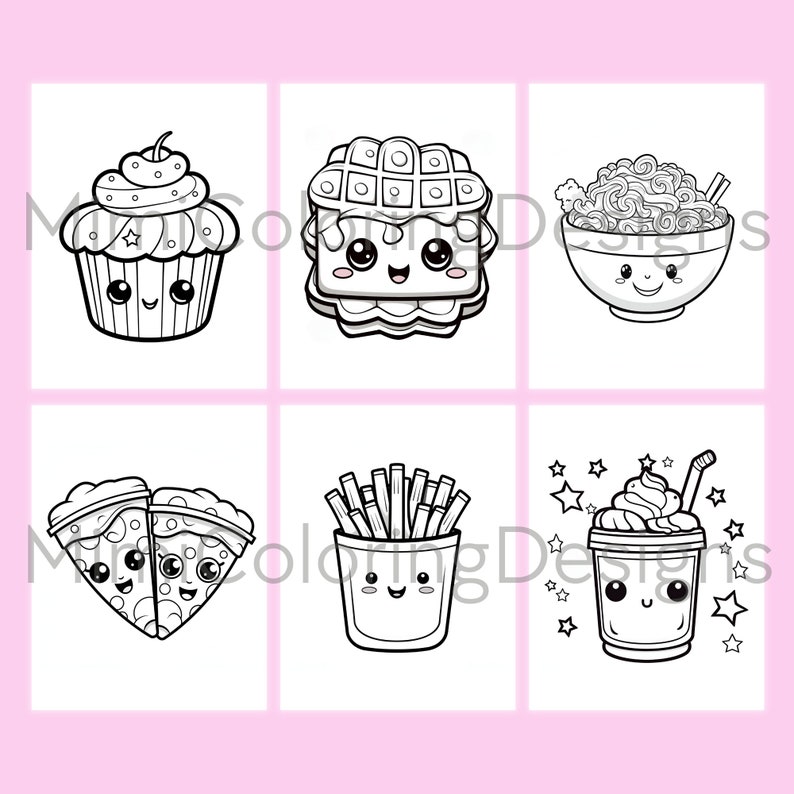 Kawaii Food and Drinks Coloring Pages for Adults and Kids, Printable Coloring Book, Kawaii Coloring, Digital Download