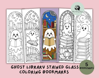 Kolorowanki z witrażami i duchami, zakładki do książek, do druku na Halloween, prezent dla miłośnika książek, cyfrowe pobieranie w formacie PDF