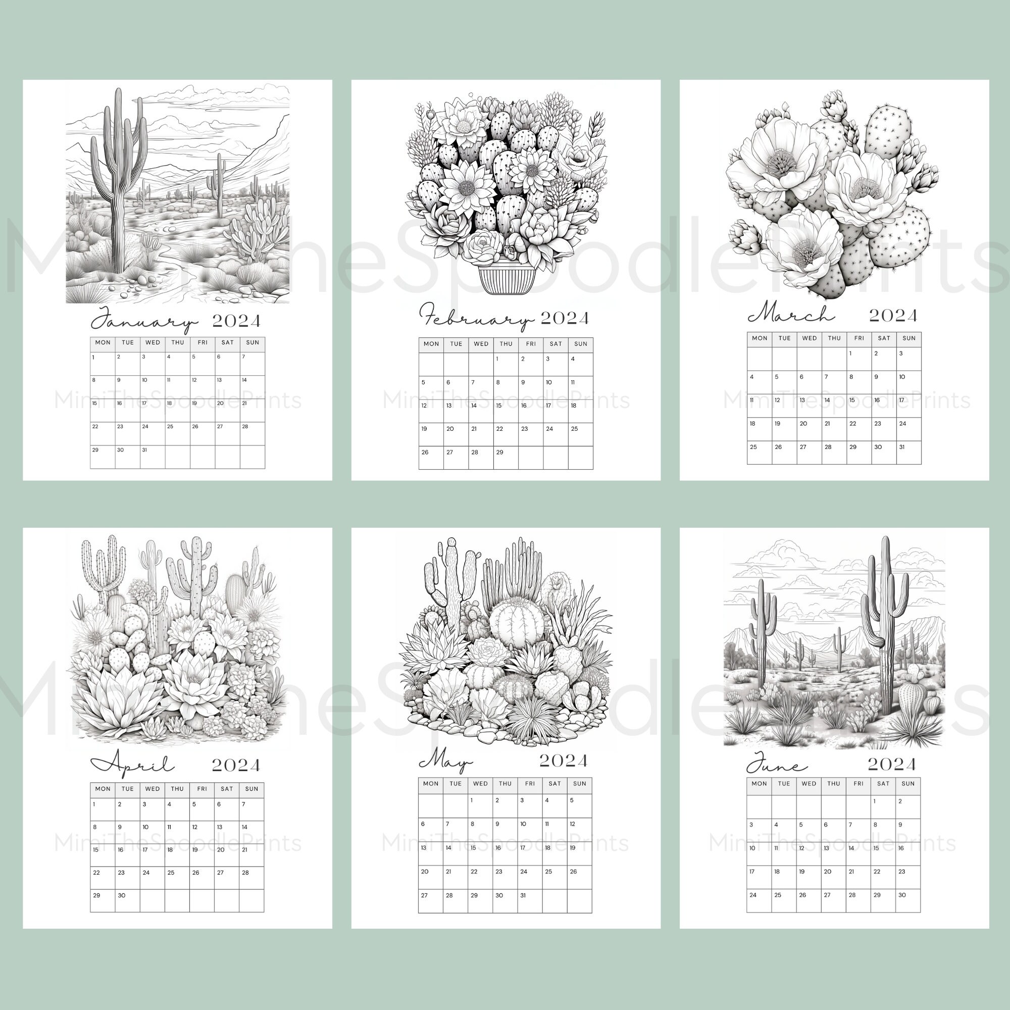 Cactus Coloring Calendar 2024 Printable, for Cactus Lovers, 2024 Monthly Planner, Cacti, Digital ...