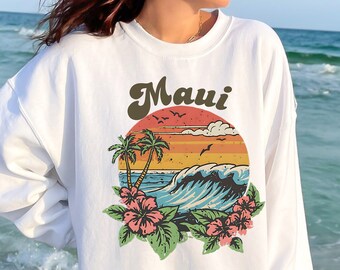 Sweat Maui, col rond rétro Hawaï, sweat de plage, sweat Aloha vintage, sweat coucher de soleil, sweat été, pull surf Hawaii