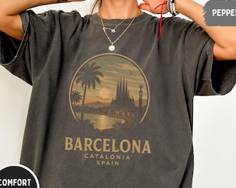 Barcelona Spain Vintage Travel Shirt, Catalonia Coastal Sunset Graphic Tee, Sagrada Familia Comfort Colors 1717