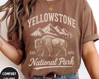 Camiseta vintage del Parque Nacional de Yellowstone, camiseta retro con colores cómodos, unisex, teñida, regalo para amantes de la naturaleza, ropa de aventura al aire libre.