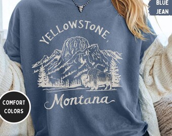 Camiseta unisex con colores cómodos del parque nacional de Yellowstone, Montana, camiseta de naturaleza de montaña, ropa de aventura al aire libre, ropa de senderismo en parques