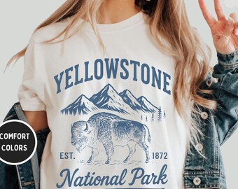 Camiseta vintage del Parque Nacional de Yellowstone, camiseta retro con colores cómodos, unisex, teñida, regalo para amantes de la naturaleza, ropa de aventura al aire libre.