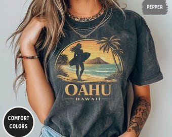 Vintage Oahu Hawaii Surf Silhouette comfort colors T-shirt | Retro Hawaiian Beach Palm Graphic tee