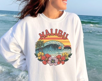 Retro Malibu Strand Sweatshirt, Malibu Rundhalsausschnitt, Vintage Malibu Sweatshirt, Sonnenuntergang Sweatshirt, Sommer Sweatshirt Oversize Malibu Surf Pullover