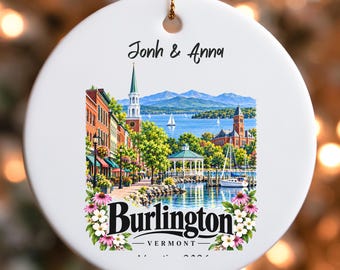 Custom Burlington Vermont Cityscape Ornament | Ceramic Round Holiday Decoration
