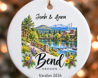 Custom Bend Oregon Scenic River Illustration Ornament | Personalized Names Vacation 2026