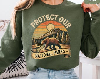Sudadera retro de Parques Nacionales, jersey vintage de cuello redondo con diseño natural, sudadera con capucha para senderismo al aire libre, jersey ecológico para acampar, regalo para proteger la vida silvestre