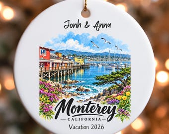 Custom Monterey California Coastal Scene Ornament | Ceramic Round Holiday Keepsake