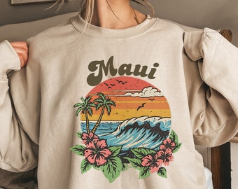 Sweat Maui, col rond rétro Hawaï, sweat de plage, sweat Aloha vintage, sweat coucher de soleil, sweat été, pull surf Hawaii