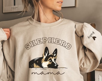 Custom German Shepherd Mama Sweatshirt with Pet Name on Sleeve, Shepherd mom Sweatshirt Shepherd Mama Crewneck Sweater Shepherd dog gift GSM