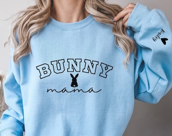 Custom Bunny Mama Sweatshirt with Pet Name on Sleeve, Bunny Mom Sweatshirt Gift Bunny Mom Shirt Bunny Mama Crewneck Sweater Gift Bunny lover