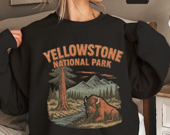 Sudadera vintage de bisonte del Parque Nacional de Yellowstone, jersey retro unisex de cuello redondo, regalo para amantes de la naturaleza, ropa de aventura al aire libre, fauna silvestre