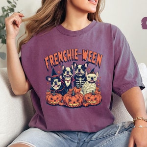 Divertida camiseta de Halloween con bulldog francés en colores cómodos, camiseta de calabaza, camiseta de perro francés espeluznante, regalo para mamá de bulldog francés, bulldog francés espeluznante