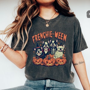 Divertida camiseta de bulldog francés con colores cómodos para Halloween, camiseta de calabaza, camiseta de perro francés espeluznante, regalo para mamá de bulldog francés, bulldog francés espeluznante