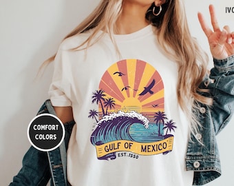 Camiseta vintage con colores cómodos del Golfo de México, camiseta retro playera, camiseta unisex de verano, top con gráfico desgastado del océano, ropa para vacaciones costeras