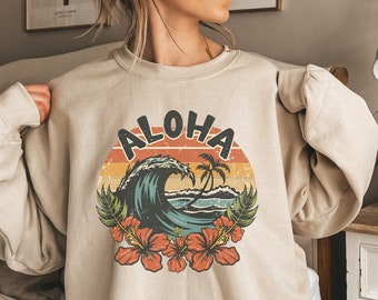 Aloha Sweatshirt, Retro Hawaii Crewneck, Beach Sweatshirt, Vintage Aloha Sweatshirt, Sunset Sweatshirt Summer Sweatshirt Hawaii Surf Sweater