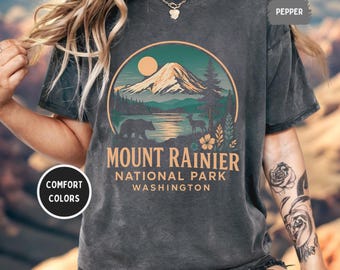 Vintage Mount Rainier National Park Comfort kleuren T-shirt, kleding natuurliefhebber, Washington State Graphic T-shirt outdoor avontuur cadeau wandelen