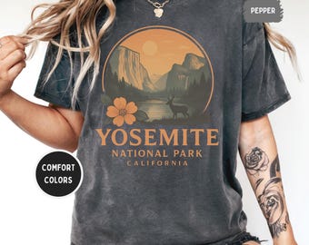 Camiseta vintage com cores confortáveis do Parque Nacional de Yosemite, roupa para amantes da natureza, camiseta com estampa das montanhas da Califórnia, presente para aventura ao ar livre e caminhada