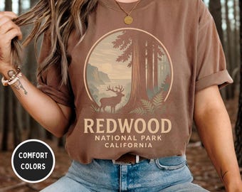 Vintage Redwood National Park Unisex T-shirt, Comfort Colors T-shirt, Retro Forest T-shirt, Gåva för naturälskare, Kläder för utomhusäventyr